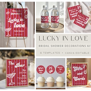 Peut inclure: Un kit de décoration pour fête prénuptiale Lucky in Love avec des modèles à rayures rouges et roses. Comprend un panneau de bienvenue, des étiquettes de bouteille d'eau, des étiquettes cadeaux, un menu de bar, des décorations de cupcakes.