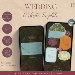 Peut inclure: Un modèle de site web de mariage affiché sur deux smartphones, avec un fond botanique sombre à motifs floraux. Les écrans présentent des éléments d'invitation numériques, dont une enveloppe bleu clair, le texte "YOU'VE BEEN INVITED" et "THE WEDDING of SAMANTHA & FABRIZIO", ainsi qu'un compte à rebours.