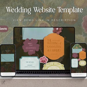 Puede incluir: Una plantilla de sitio web de bodas digital mostrada en una computadora portátil y dos teléfonos inteligentes. La pantalla muestra varias tarjetas de invitación, sobres y gráficos florales con texto que incluye The Wedding of Samantha & Fabrizio y Kindly RSVP.