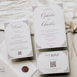 May include: Elegant wedding invitation suite with a main invitation, details card, and RSVP card. The cards are white with burgundy text and decorative corner accents. A wax seal and envelope are also included.