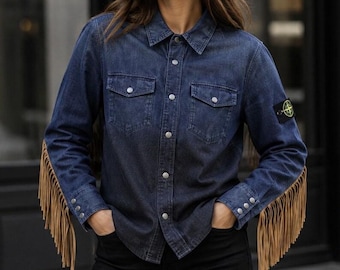 Damen Denim Fransenjacke | Beige Wildleder Fransen Western Boho Shacket | Geschenk Sie