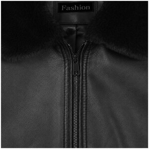 Black leather bomber jacket for men with faux fur collar, front zipper closure, ribbed cuffs, and classic aviator style design on white background.