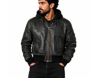 Herren Schwarz Leder Kapuzen Bomberjacke | Distressed Lace Sleeve Biker Hood Mantel Geschenk