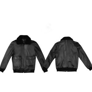 Black leather bomber jacket for men with faux fur collar, front zipper closure, ribbed cuffs, and classic aviator style design on white background.