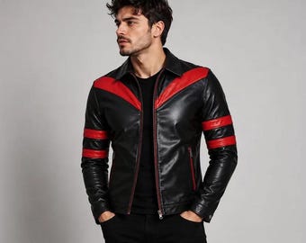 Herren Schwarz Rot Lederjacke | Contrast Panel Stripe Moto Racer Biker Mantel | Geschenk Ihn