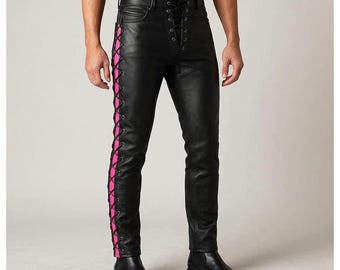 Men's Black Leather Pants | Pink Lace Up Motorcycle Trousers | Gothic Punk Slim Fit