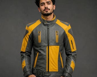 Herren-Motorradjacke aus grau-gelbem Leder | Rennsport-Motorradjacke mit Perforation – das perfekte Geschenk