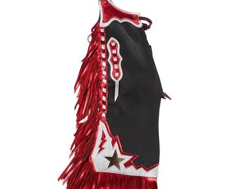 Schwarze Leder Rodeo Show Chap | Rote Franse Stern Applikation Western Chinks | Fassrennen