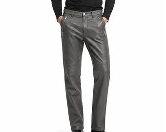 Herren Graue Lederhose | Bikerhose mit geradem Bein und Reißverschluss | Smart Casual Geschenk