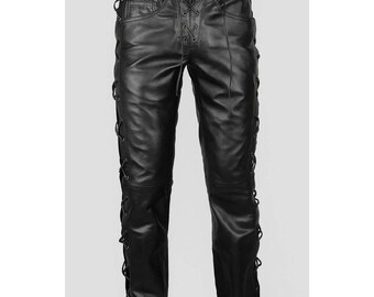 Men's Black Leather Pants | Lace Up Motorcycle Trousers | Gothic Punk Biker Style