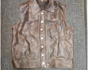 Herren-Bikerweste aus braunem Leder im Used-Look, Vintage-Café-Racer-Motorradweste