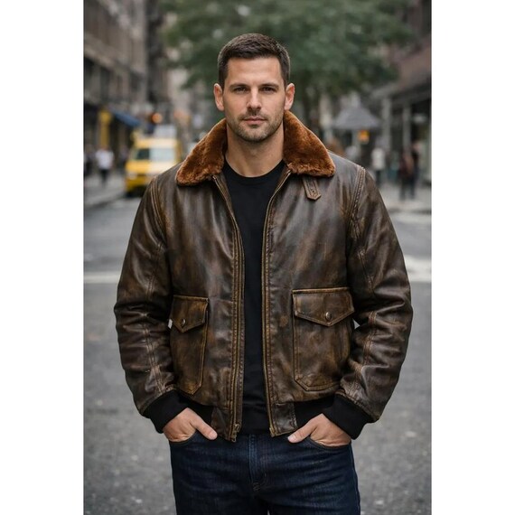 Men’s Distressed Brown Leather Bomber Jacket Vintage Fur Collar Pilot Aviator Jacket