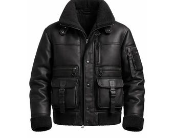 Schwarze Lammfell-Lederjacke für Herren | Winter Aviator Pelzkragen Mantel