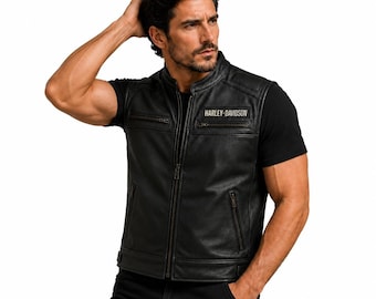 Harley-Davidson Motorradweste aus schwarzem Leder | Herren Biker Zip-Up Reitweste