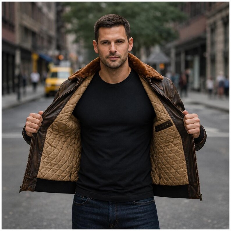 Men wearing distressed brown leather bomber jacket with fur collar and vintage aviator style.