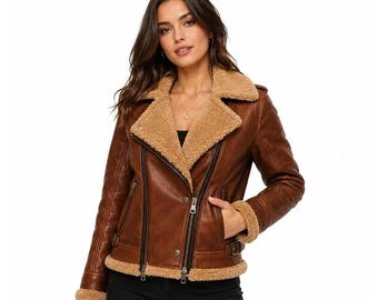 Braune Lammfell-Lederjacke für Damen | Sherpa gefütterter Moto Aviator Wintermantel | Geschenk Sie