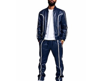 Herren Navy Leder Trainingsanzug Set | Bomberjacke Joggerhose Weiß Paspel | Geschenk Ihn