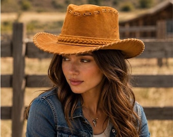 Beige Wildleder Western Cowboyhut | Geflochtenes Band Whip Stitch Edge Rodeo Hut | Geschenk