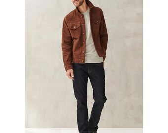 Braune Wildlederjacke für Herren | Vintage Trucker Jacke