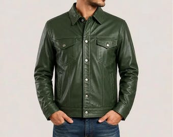 Herren Grüne Leder Trucker Jacke | Druckknopf Westernhütte | Einzigartiges Farbgeschenk für ihn