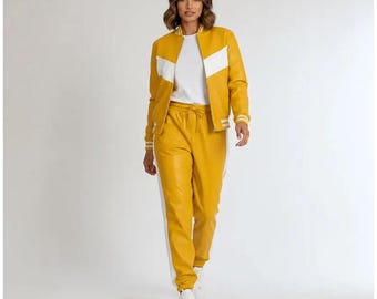 Damen Gelb Leder Trainingsanzug Set | Bomber Jacke Jogger Hose White Panel | Geschenk Sie