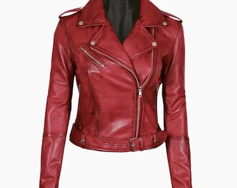 Damen Rote Leder Bikerjacke | Asymmetrischer Reißverschluss-Moto-Mantel | Auffälliges Geschenk für Freundin