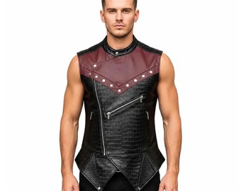 Herren Black Croc Lederweste | Burgundy Stud Yoke Asymmetrisches Zip Biker Top | Geschenk