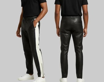 Schwarze und weiße Lederhose für Herren | Slim-Fit-Motorradhose mit Seitenstreifen | Das perfekte Geschenk für ihn