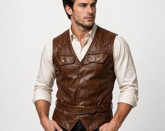 Herren Braun Leder Westernweste | Snap Button Gürtel Weste Spitze Saum | Geschenk Ihn