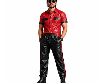 Herren Rot Schwarz Leder Set | Kurzarm Shirt Jogger Hose Colorblock | Geschenk Ihn