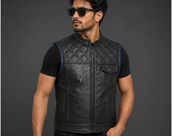 Schwarze Bikerweste aus Leder für Herren | Gesteppte Clubweste mit blauem Paisley-Futter und Rautenmuster – das perfekte Geschenk