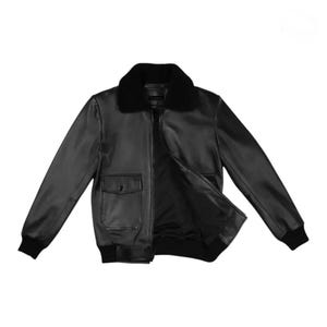 Black leather bomber jacket for men with faux fur collar, front zipper closure, ribbed cuffs, and classic aviator style design on white background.