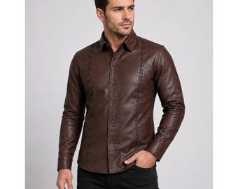 Braune Lederhemdjacke für Herren | Western-Shacket mit Ziernähten und Spitzendetails | Das perfekte Geschenk für ihn