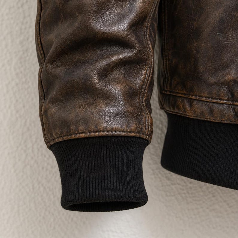 Men wearing distressed brown leather bomber jacket with fur collar and vintage aviator style.