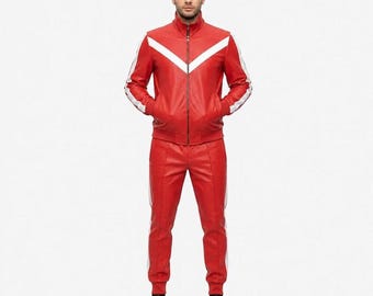 Herren Trainingsanzug Set aus rotem Leder | Weiß-Panel Streifen Bomberjacke Hose | Geschenk Ihn