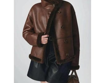 Braune Damen-Lammfelljacke | Schokoladenbraun gefütterter Fliegermantel | Geschenkidee für sie