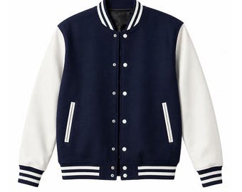 Herren Marineblau Varsity Jacke | Weiß Leder Letterman Baseballmantel | Geschenk Ihn