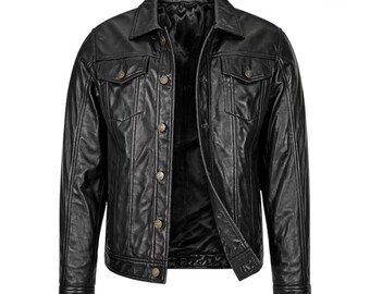 Schwarze Trucker-Lederjacke für Herren