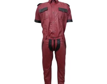 Herren Burgund Leder Uniform Set | Military Style Hemd Hose Epaulette | Kostüm Geschenk