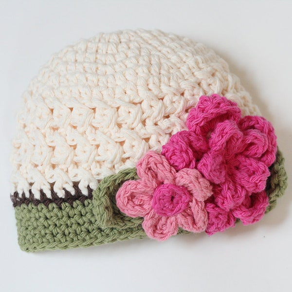 Ready to Ship - Girl's Beanie - Crochet Girls Hat - Soft Ecru hat - Green trim - Pink Flowers, 6 to 12 Months