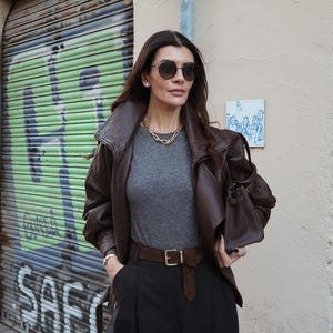 90s Handmade Retro Bomber Brown Real Leather Jacket For Women's, Oversized Aviator-Outerwear | Vintage-Streetwear-Fashion | Gift-For-Her