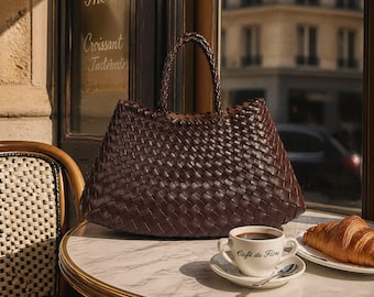 Handwoven Cowhide Leather Basket Bag Minimalist Slouchy Hobo French Tote Purse Gift For Her