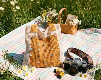 Y2K Beaded Crochet Tote Mesh Beach Bag Knit Shoulder Aesthetic Mermaidcore Teen Gift