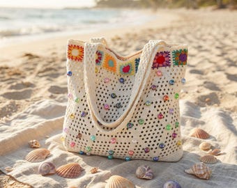 Handmade Woven Crochet Slouchy Boho Handbag Cottagecore Beach Vacation Tote Large Festival Hippie Bag