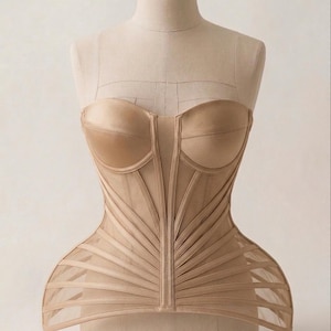 May include: A beige strapless corset featuring structured molded cups and a series of vertical and diagonal boning channels that extend outward at the waist. The garment is constructed with opaque panels and sheer mesh sections, creating a cage-like effect.
