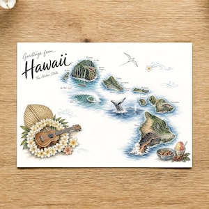May include: A rectangular postcard featuring a map of Hawaii with the text Greetings from Hawaii The Aloha State. The illustration includes a ukulele, a plumeria lei, a humpback whale, a surfer, a bird, and a bowl of shaved ice on a map.