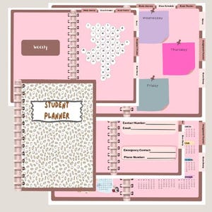 Puede incluir: Una agenda estudiantil rosa con encuadernación en espiral, con una portada con el texto "STUDENT PLANNER". En el interior, hay páginas de planificación semanal y diaria, incluyendo una cuadrícula hexagonal y notas adhesivas para miércoles, jueves y viernes.