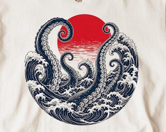 Oktopus Welle T-Shirt | Japanisches Kraken Graphic Tee | Stückgefärbte Baumwolle