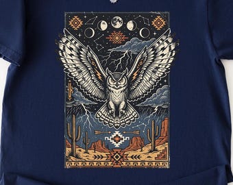 Himmlisches Eulen-Mondphase-Shirt | Boho Wüsten-Wildtier-T-Stück