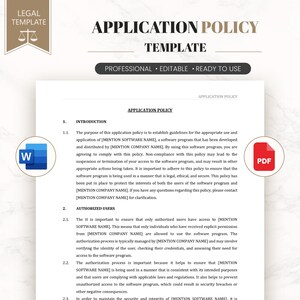 May include: A digital application policy template document featuring the title APPLICATION POLICY TEMPLATE at the top. The text includes sections for Introduction and Authorized Users with placeholders for software and company names, plus Word and PDF icons.